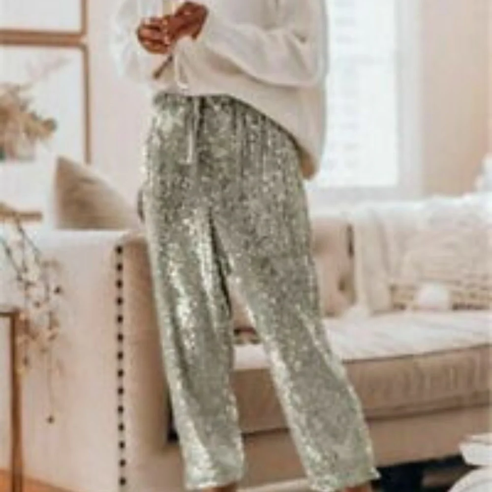 Women’s Silver Sequin Drawstring Crop Trousers various - Picture 3 of 4
